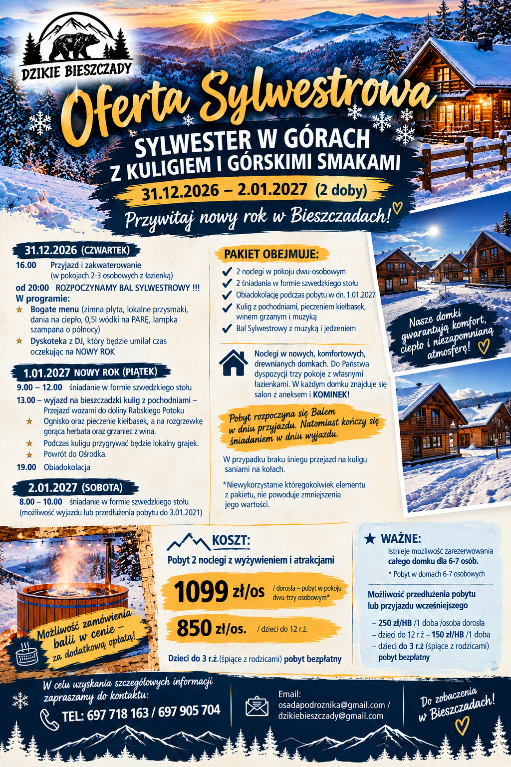 Plakat oferty Sylwester w Bieszczadach 2026/2027
